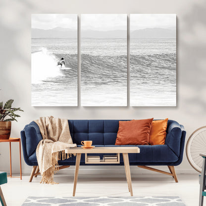 81535128-MGV-CV-36X24-Surfer Woman Wall Art Canvas Print, Framed Black Ocean Art Picture Print, Ocean Surfing Perfect Monochrome Coastal Decor Artwork