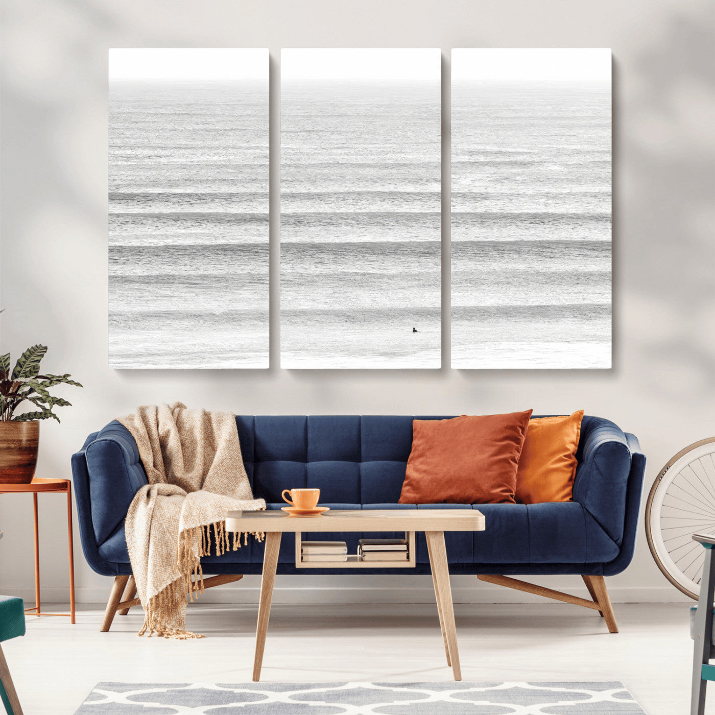 66534476-MGV-CV-36X24-Lone Surfer Wall Art Canvas Print, Framed Ocean Waves Art Picture Print, Minimal Sea Perfect Minimal Coastal Decor Artwork