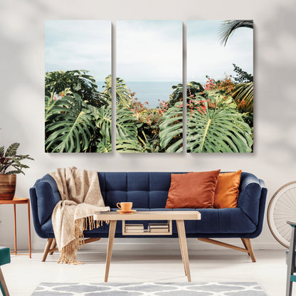 45700479-MGV-CV-36X24-Monstera Leaves Wall Art Canvas Print, Framed Tropical Ocean Art Picture Print, Tropical Foliage Perfect Tropical Coastal Jungle