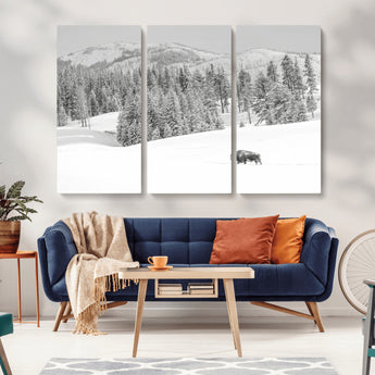 68081143-MGV-CV-36X24-Snowy Bison Wall Art Canvas Print, Framed Winter Forest Art Picture Print, Lone Bison Perfect Monochrome Winter Wild Decor Artwork