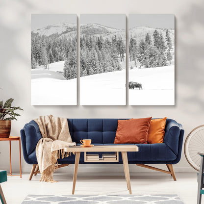 68081143-MGV-CV-36X24-Snowy Bison Wall Art Canvas Print, Framed Winter Forest Art Picture Print, Lone Bison Perfect Monochrome Winter Wild Decor Artwork