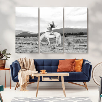 62789800-MGV-CV-36X24-White Horse Wall Art Canvas Print, Framed Woman Rider Art Picture Print, Equestrian Pose Perfect Western Boho Decor Artwork