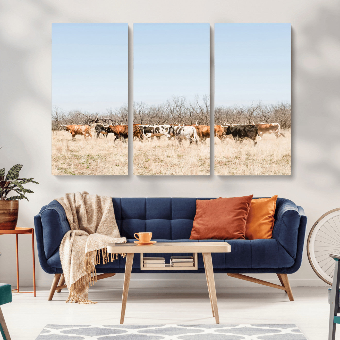 16563092-MGV-CV-36X24-Texas Longhorns Wall Art Canvas Print, Framed Western Cattles Art Picture Print, Rustic Herd Perfect Rustic Farmhouse Decor