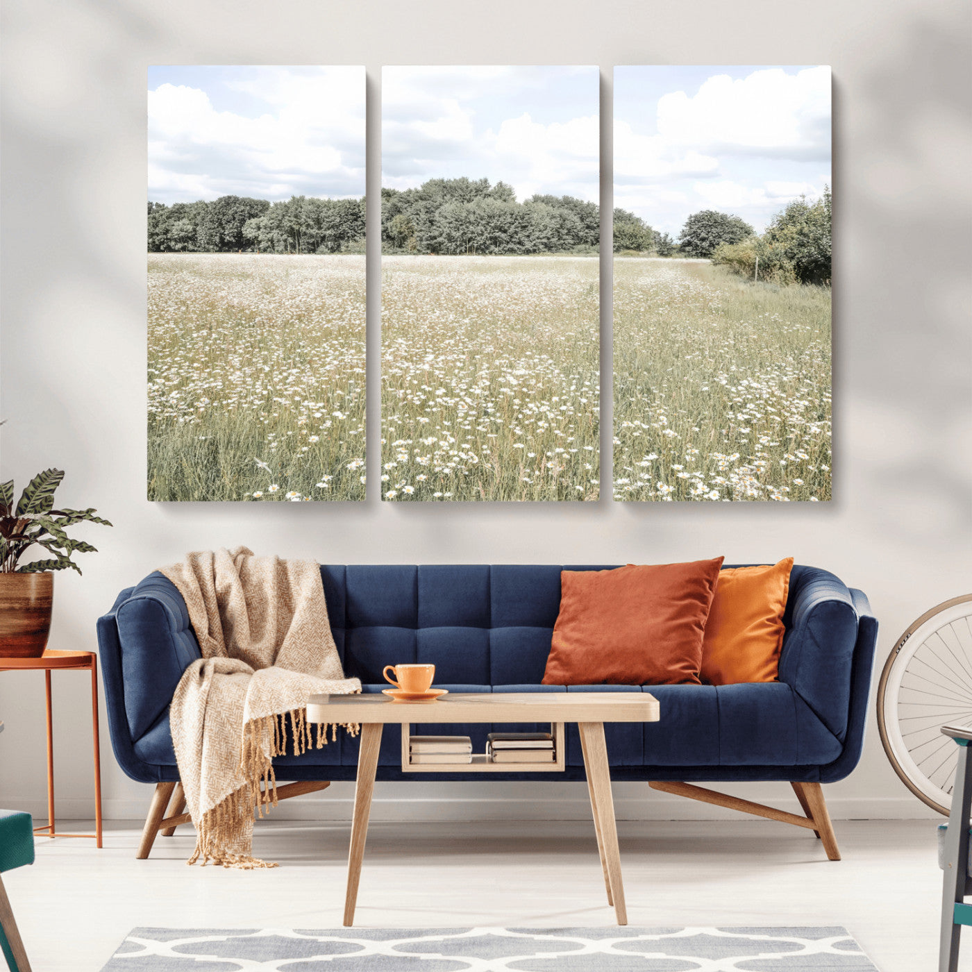 43258946-MGV-CV-36X24-Daisy Field Wall Art Canvas Print, Framed Pastel Flower Art Picture Print, Meadow Bloom Perfect Scandinavian Minimalist Decor