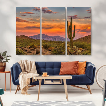 25332783-MGV-CV-36X24-Saguaro Cactus Wall Art Canvas Print, Framed Arizona Sunset Art Picture Print, Sonoran Desert Perfect Southwestern Boho Decor
