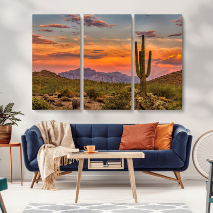 25332783-MGV-CV-36X24-Saguaro Cactus Wall Art Canvas Print, Framed Arizona Sunset Art Picture Print, Sonoran Desert Perfect Southwestern Boho Decor