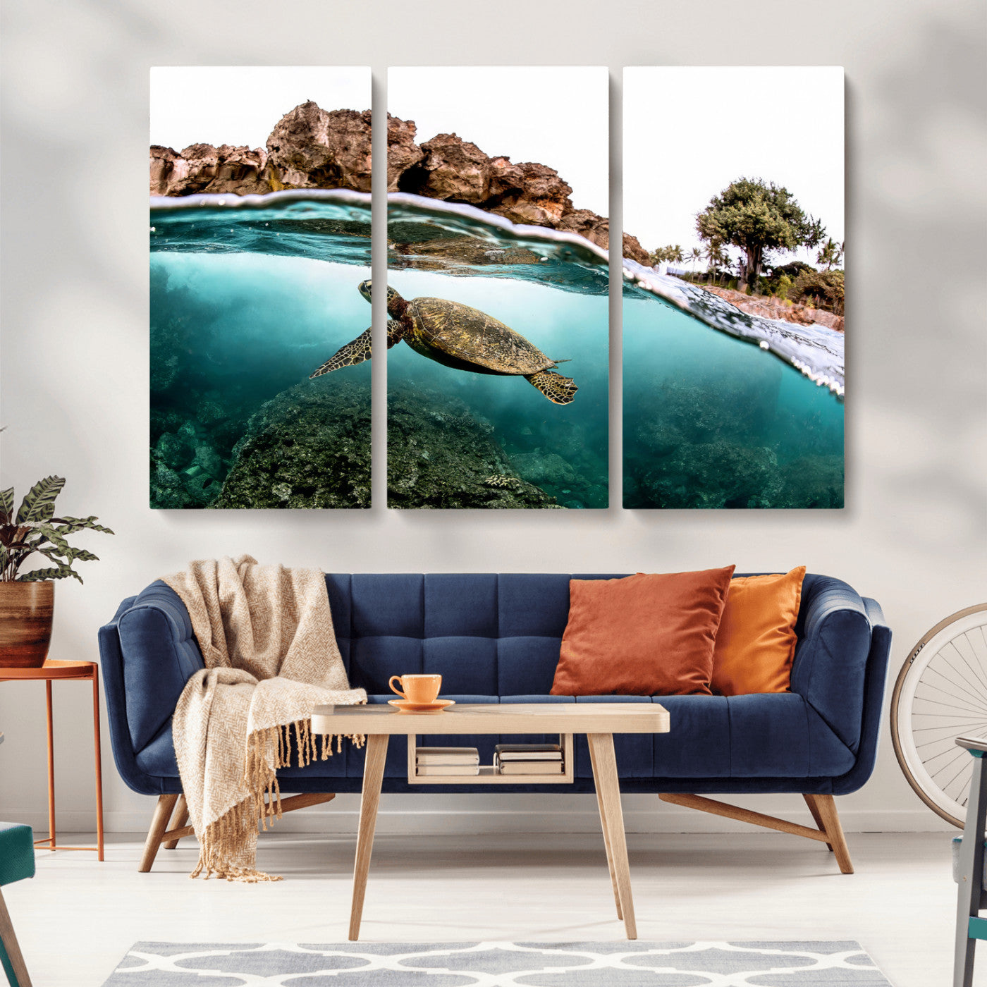 44200301-MGV-CV-36X24-Sea Turtle Swim Wall Art Canvas Print, Framed Ocean Life Art Picture Print, Tropical Shoreline Perfect Tropical Coastal Decor