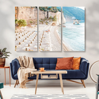 84816639-MGV-CV-48X32-3P-Mediterranean Beach Wall Art Canvas Print, Framed Airy Coastal Art Picture Print, Summer Shore Perfect Coastal Retreat Decor