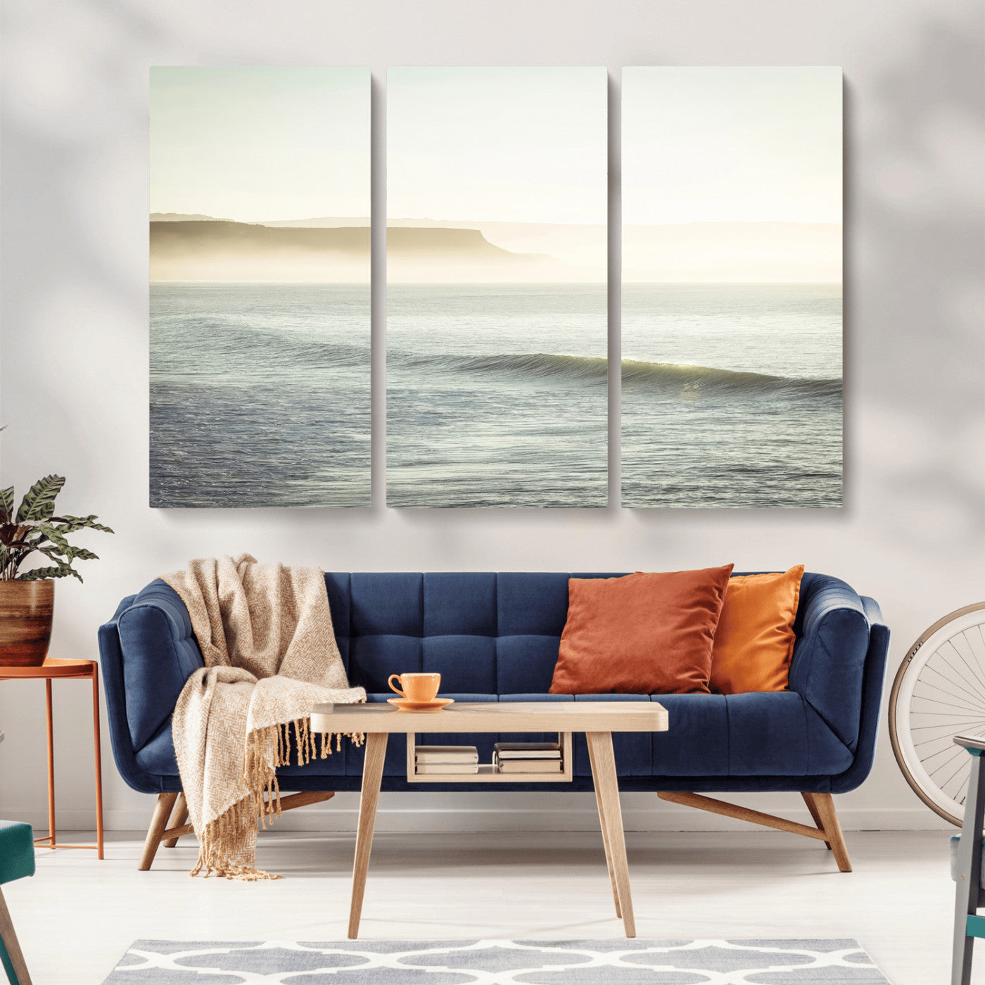 39310633-MGV-CV-48X32-3P-Coastal Cliffs Wall Art Canvas Print, Framed Misty Ocean Art Picture Print, Morning Light Perfect Minimalistic Coastal Decor