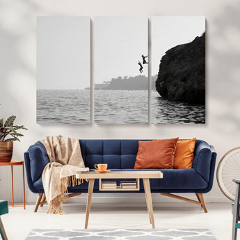 52284302-MGV-CV-36X24-Cliff Jumping Wall Art Canvas Print, Framed Ocean Adventure Art Picture Print, Black White Coast Perfect Modern Coastal Decor