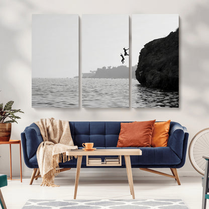 52284302-MGV-CV-36X24-Cliff Jumping Wall Art Canvas Print, Framed Ocean Adventure Art Picture Print, Black White Coast Perfect Modern Coastal Decor