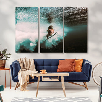 85923512-MGV-CV-36X24-Aquatic Motion Wall Art Canvas Print, Framed Underwater Swimming Art Picture Print, Female Surfer Diving Perfect Coastal Boho