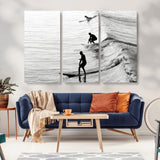 19875284-MGV-CV-36X24-Surfer Waves Wall Art Canvas Print, Framed Black White Surf Art Picture Print, Monochrome Ocean Perfect Modern Coastal Decor