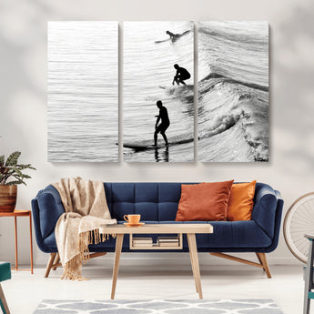 19875284-MGV-CV-36X24-Surfer Waves Wall Art Canvas Print, Framed Black White Surf Art Picture Print, Monochrome Ocean Perfect Modern Coastal Decor