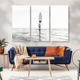 98446901-MGV-CV-36X24-Monochrome Surf Wall Art Canvas Print, Framed Minimalist Surfer Art Picture Print, Surfboard Silhouette Perfect Coastal Minimalist