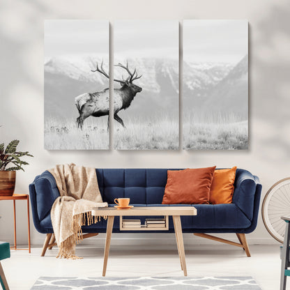 62278753-MGV-CV-36X24-Monochrome Elk Wall Art Canvas Print, Framed Mountain Wildlife Art Picture Print, Rustic Nature Perfect Rustic Minimalist Decor