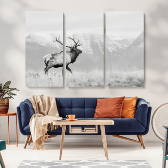 62278753-MGV-CV-36X24-Monochrome Elk Wall Art Canvas Print, Framed Mountain Wildlife Art Picture Print, Rustic Nature Perfect Rustic Minimalist Decor
