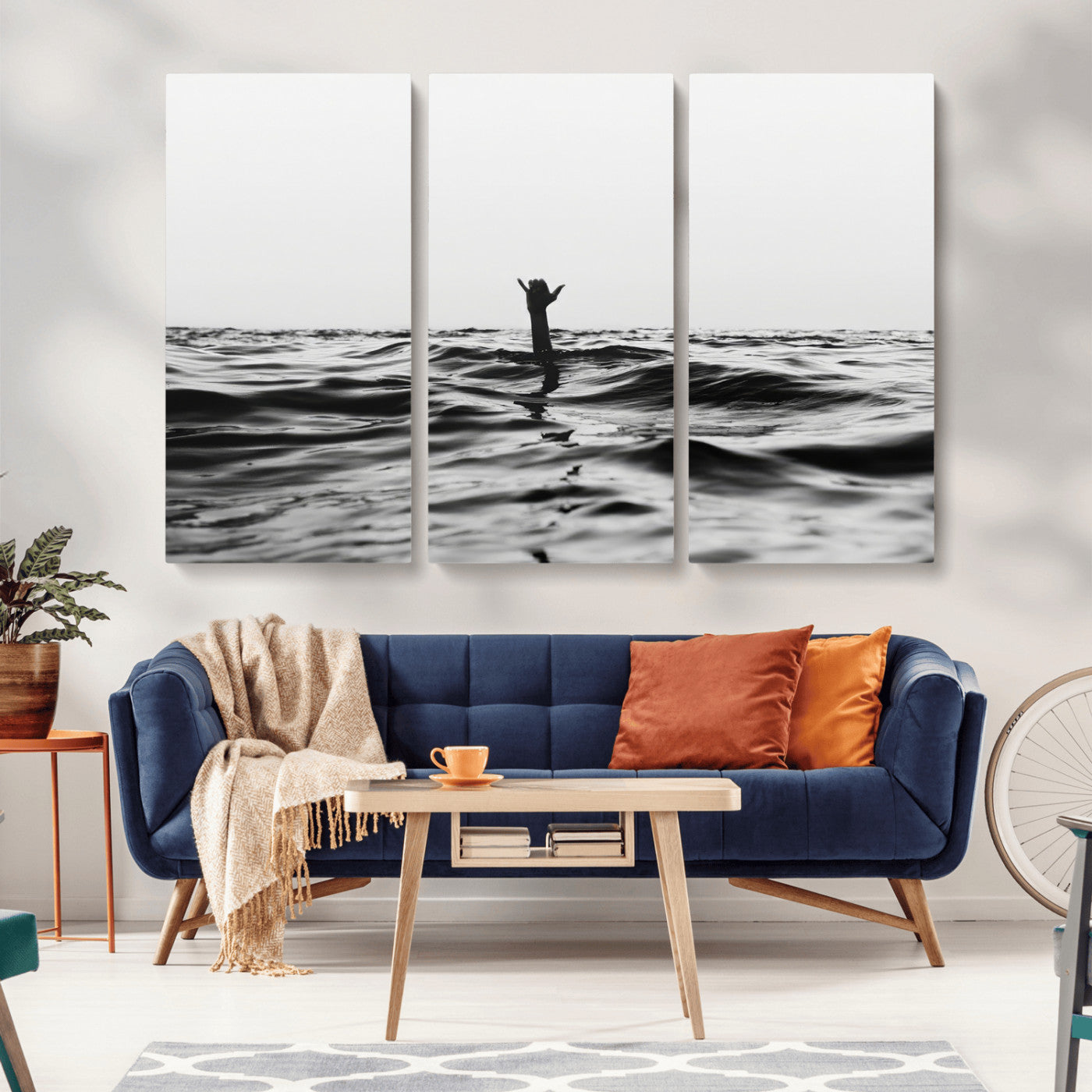 69541918-MGV-CV-36X24-Black White Ocean Wall Art Canvas Print, Framed Moody Seascape Art Picture Print, Surfer Sign Perfect Moody Minimalist Decor