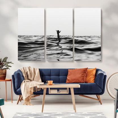 69541918-MGV-CV-36X24-Black White Ocean Wall Art Canvas Print, Framed Moody Seascape Art Picture Print, Surfer Sign Perfect Moody Minimalist Decor