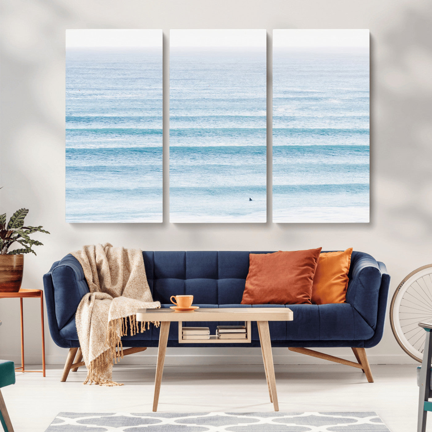 77145995-MGV-CV-36X24-Ocean Simplicity Wall Art Canvas Print, Framed Surfer on Water Art Picture Print, Light Blue Perfect Coastal Minimalist Decor