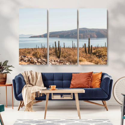 45193515-MGV-CV-36X24-Desert Cactus Wall Art Canvas Print, Framed Baja Coastline Art Picture Print, Coastal Desert Perfect Southwestern Minimalist Decor