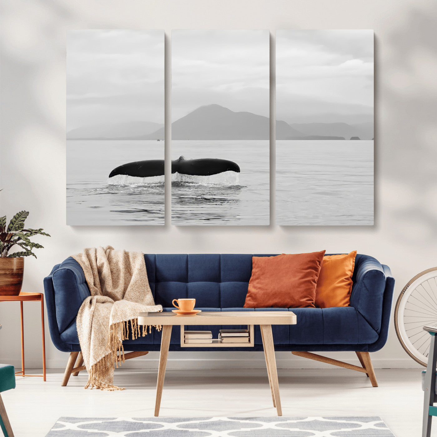 30524220-MGV-CV-36X24-Whale Tail Wall Art Canvas Print, Framed Black White Ocean Art Picture Print, Calm Marine Perfect Minimalist Coastal Decor Artwork