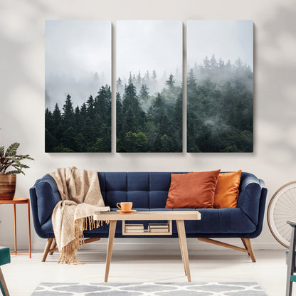 84146572-MGV-CV-36X24-Foggy Pine Trees Wall Art Canvas Print, Framed Forest Nature Art Picture Print, Evergreen Forest Perfect Scandinavian Minimalist