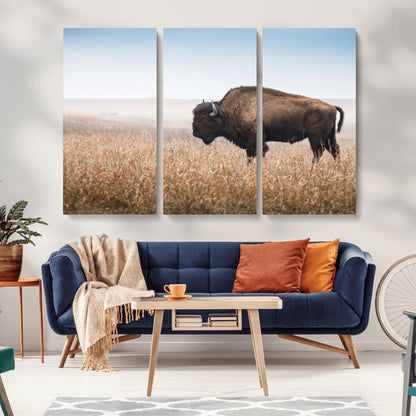 99620201-MGV-CV-36X24-Wild Bison Wall Art Canvas Print, Framed Bison in Prairie Art Picture Print, Rustic Western Perfect Rustic Western Decor Artwork