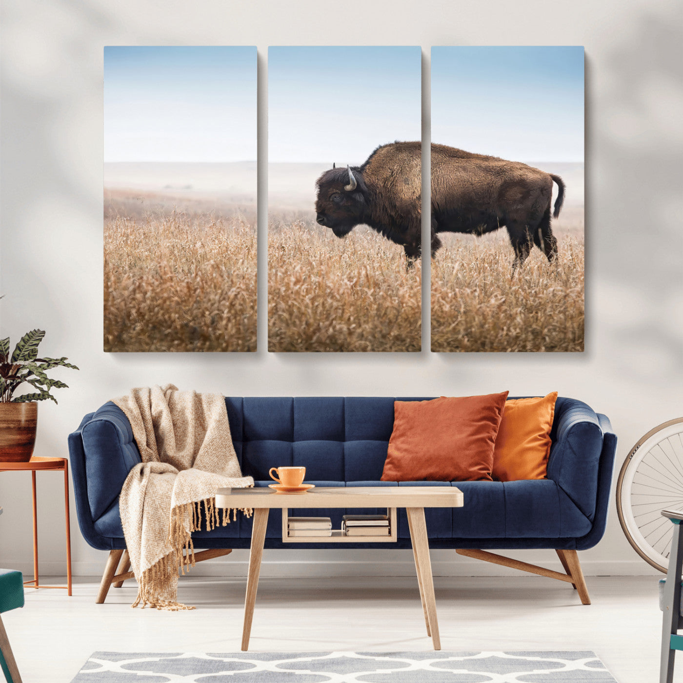 99620201-MGV-CV-36X24-Wild Bison Wall Art Canvas Print, Framed Bison in Prairie Art Picture Print, Rustic Western Perfect Rustic Western Decor Artwork