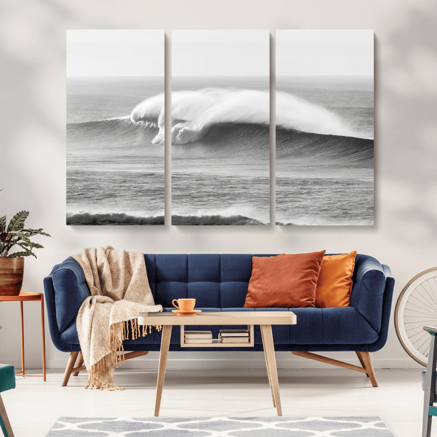 42544082-MGV-CV-36X24-Monochrome Seascape Wall Art Canvas Print, Framed Surf Wave Art Picture Print, Minimalist Ocean Perfect Moody Coastal Decor