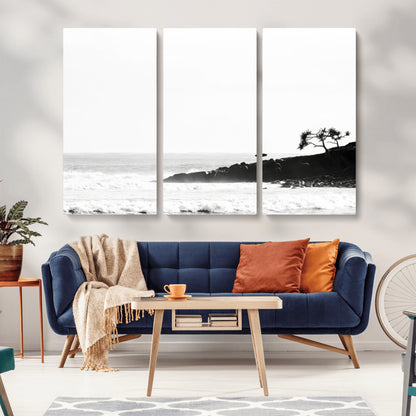 40875891-MGV-CV-36X24-SurferCliffs Wall Art Canvas Print, Framed Black White Beach Art Picture Print, Ocean Waves Perfect Minimalist Coastal Decor