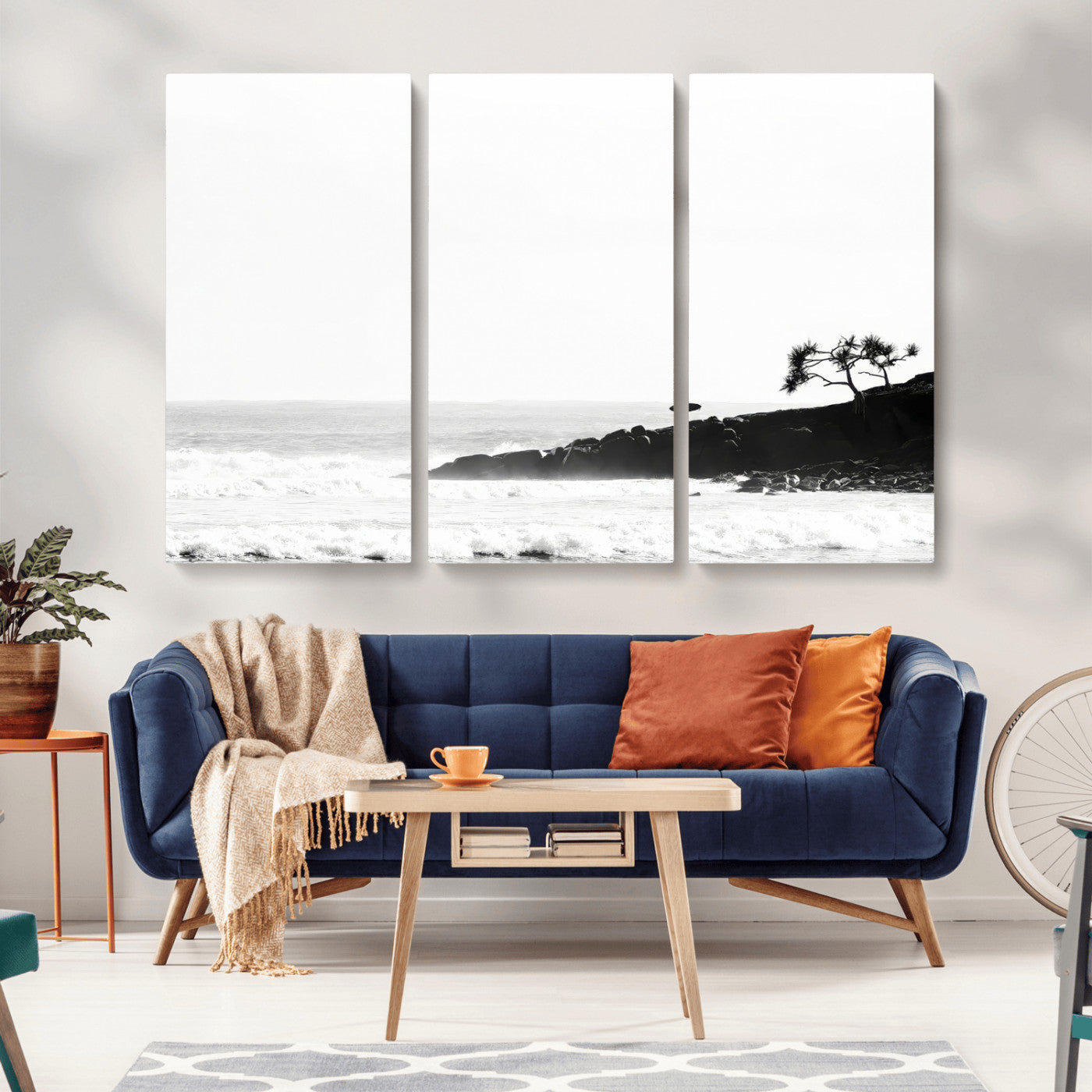 40875891-MGV-CV-36X24-SurferCliffs Wall Art Canvas Print, Framed Black White Beach Art Picture Print, Ocean Waves Perfect Minimalist Coastal Decor