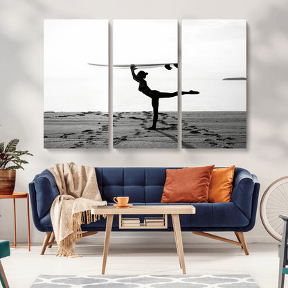 28441356-MGV-CV-36X24-Yoga Surf Wall Art Canvas Print, Framed Black White Shore Art Picture Print, Peaceful Ocean Perfect Minimalist Coastal Decor
