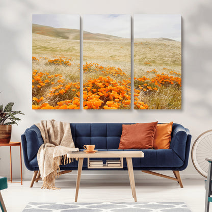 28972262-MGV-CV-36X24-Golden Wildflowers Wall Art Canvas Print, Framed Hills Bloom Art Picture Print, Poppy Meadow Perfect Rustic Nature Decor Artwork