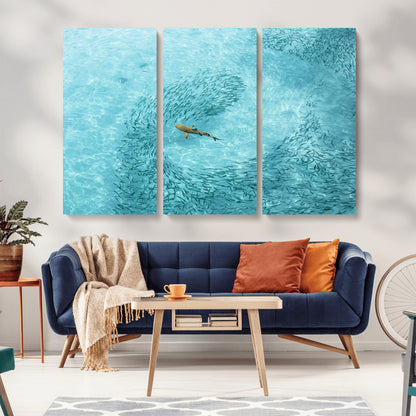 43671474-MGV-CV-36X24-Fish Swarm Wall Art Canvas Print, Framed Marine Life Art Picture Print, Shark Aerial Perfect Wildlife Coastal Decor Artwork