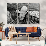 32353707-MGV-CV-36X24-Black White Surfing Wall Art Canvas Print, Framed Coastal Surfing Art Picture Print, Wave Riders Perfect Coastal Adventure Decor