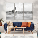 69798068-MGV-CV-36X24-Black White Surfing Wall Art Canvas Print, Framed Ocean Horizon Art Picture Print, Surfer Girl Perfect Coastal Adventure Decor