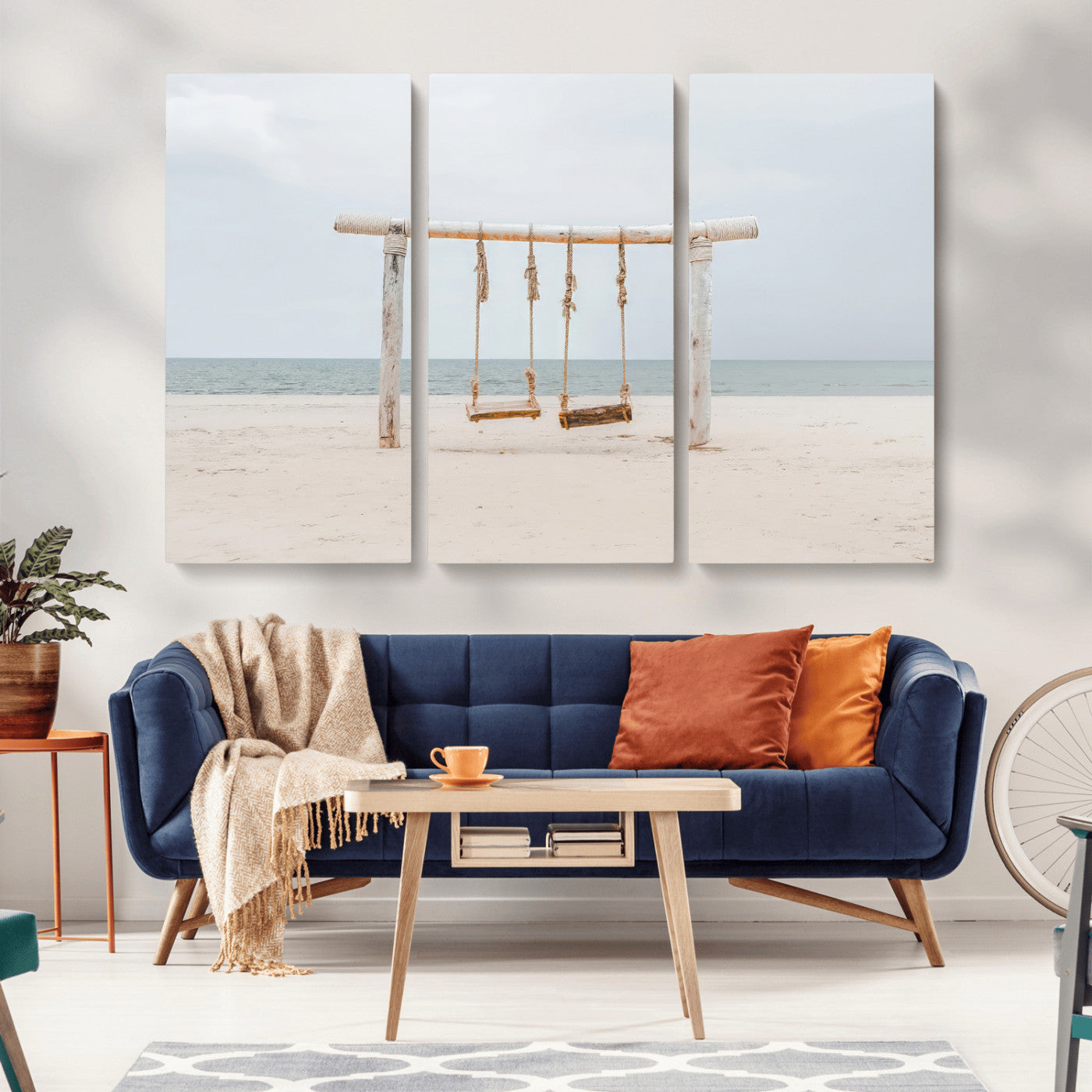 68327283-MGV-CV-36X24-Beach Swing Wall Art Canvas Print, Framed Quiet Beach Art Picture Print, Calm Shoreline Perfect Bohemian Coastal Decor Artwork
