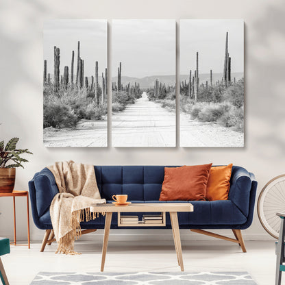35537313-MGV-CV-36X24-Monochrome Desert Wall Art Canvas Print, Framed Cactus Path Art Picture Print, Southwestern Landscape Perfect Southwestern