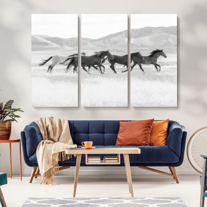 69934913-MGV-CV-36X24-Wild Horses Running Wall Art Canvas Print, Framed Black White Mustangs Art Picture Print, Rustic Western Perfect Rustic Western