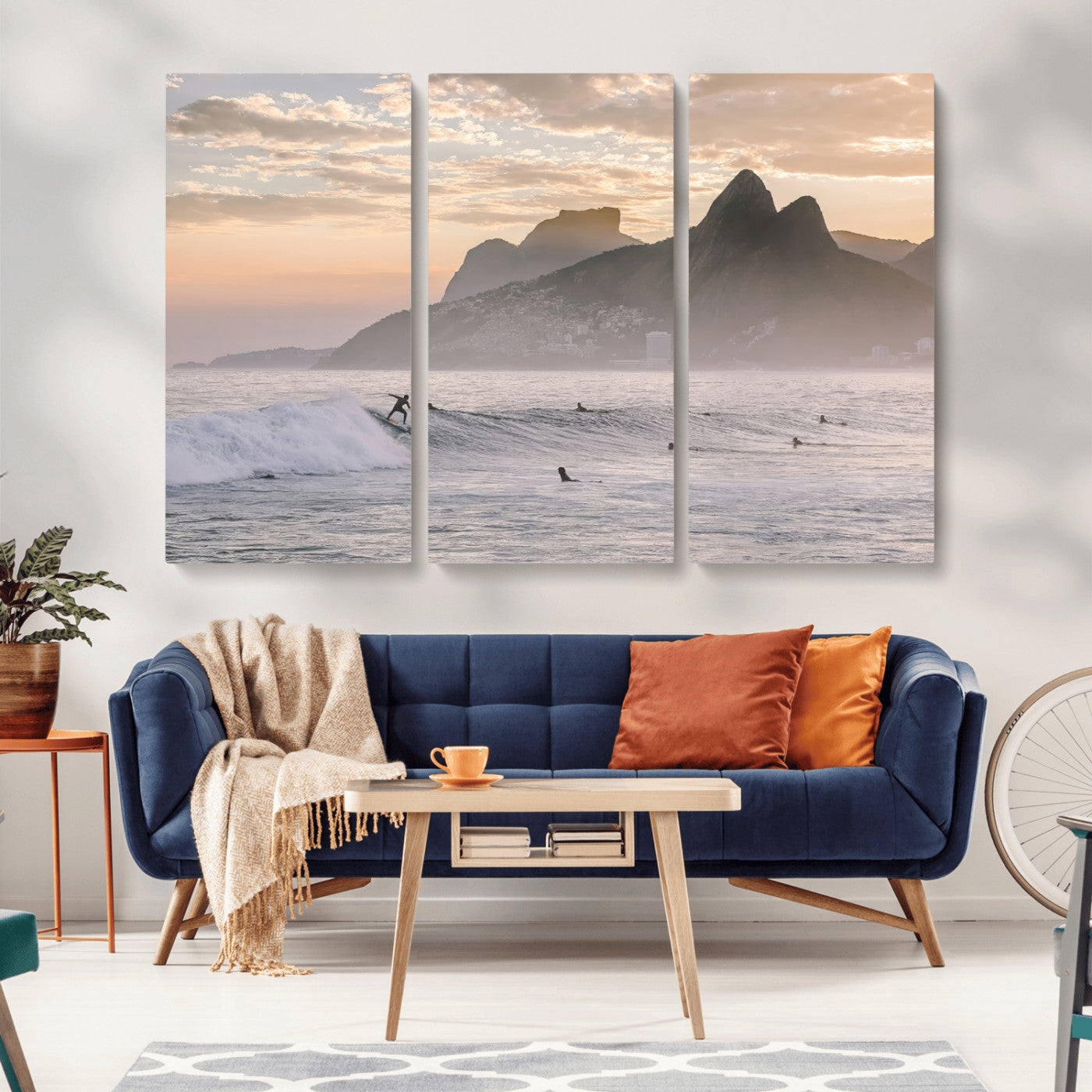 70644906-MGV-CV-48X32-3P-Sunset Surfing Wall Art Canvas Print, Framed Misty Mountains Art Picture Print, Surfer Riding Wave Perfect Coastal Adventure Decor