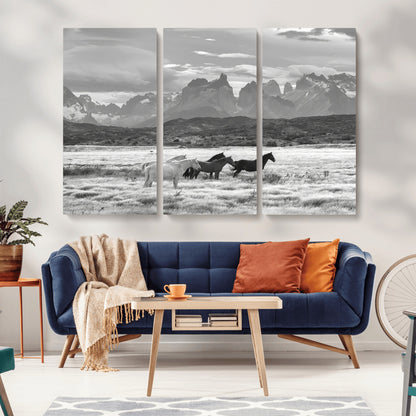 21655040-MGV-CV-36X24-Wild Horses Wall Art Canvas Print, Framed Black White Mountains Art Picture Print, Rustic Countryside Perfect Rustic Western Decor
