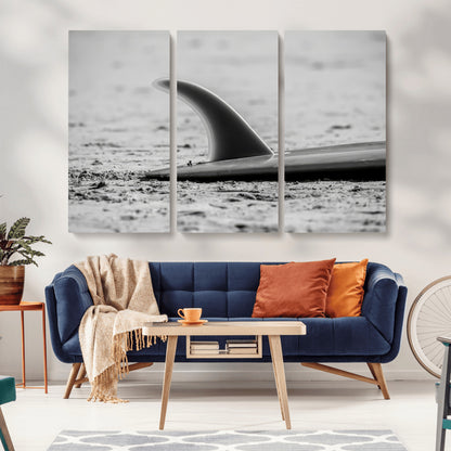 62314230-MGV-CV-36X24-Black White Surfboard Wall Art Canvas Print, Framed Minimalist Beach Art Picture Print, Surf Fin Perfect Minimalist Coastal Decor