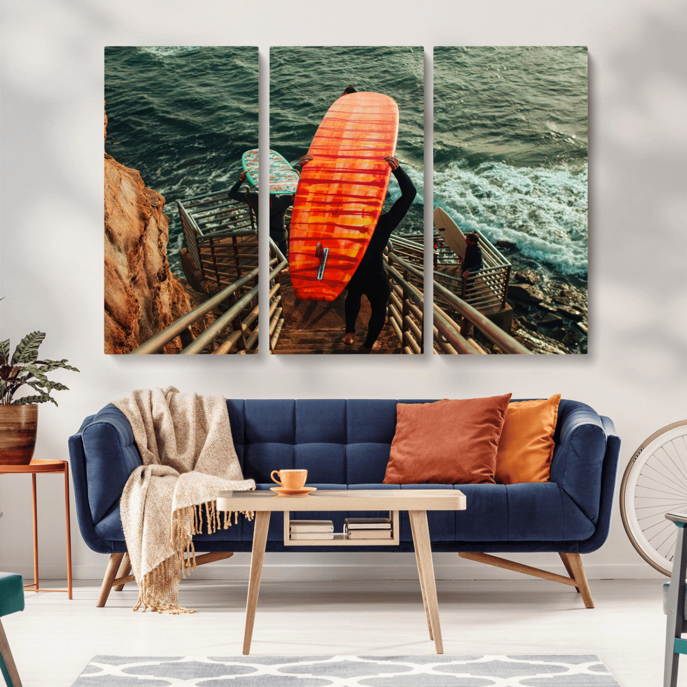84555848-MGV-CV-36X24-Surfer Stairway Wall Art Canvas Print, Framed Ocean Surf Art Picture Print, Sunset Coastal Perfect Coastal Adventure Decor Artwork