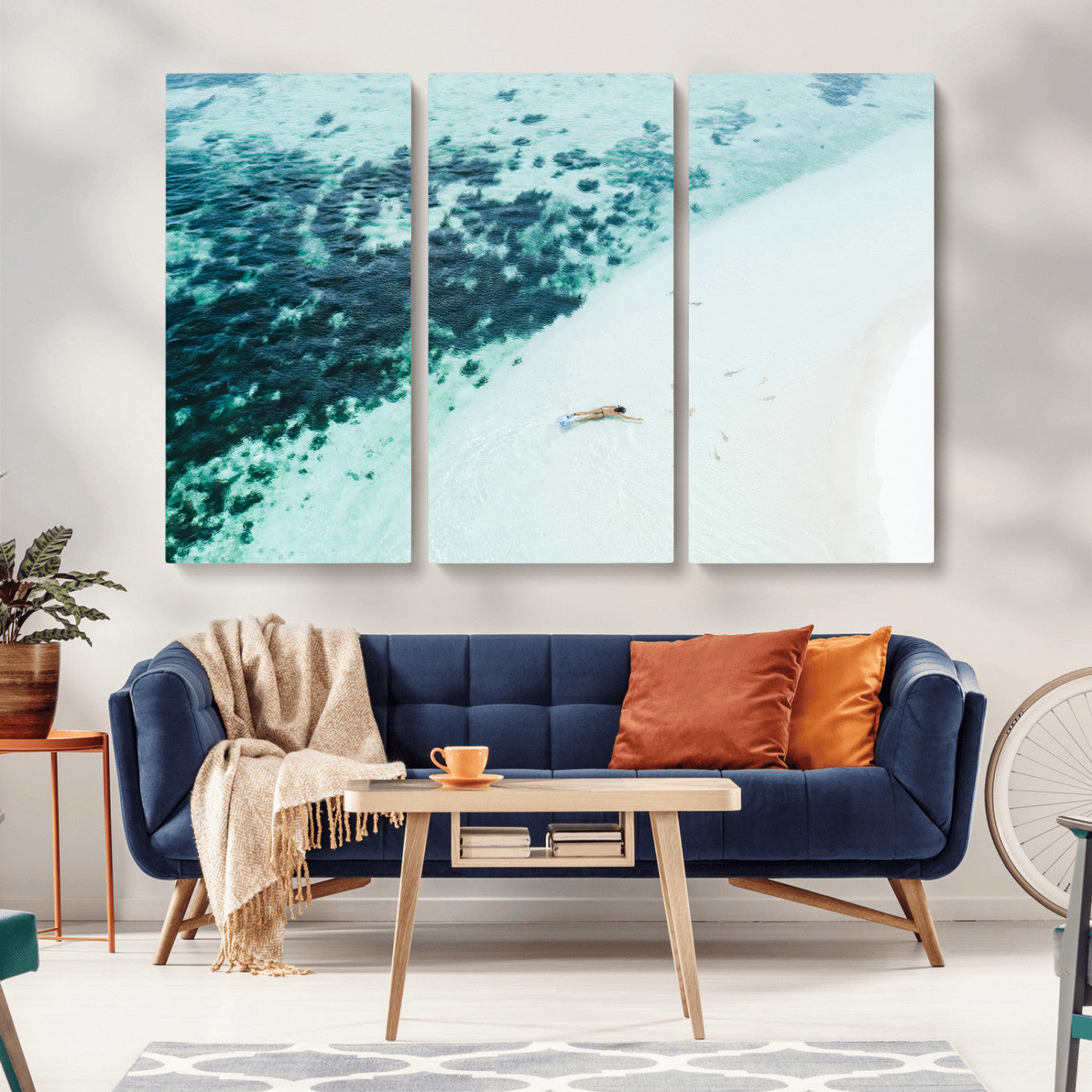 33764764-MGV-CV-36X24-Minimal Beach Wall Art Canvas Print, Framed Ocean Swimming Art Picture Print, Clear Ocean Perfect Minimal Coastal Decor Artwork