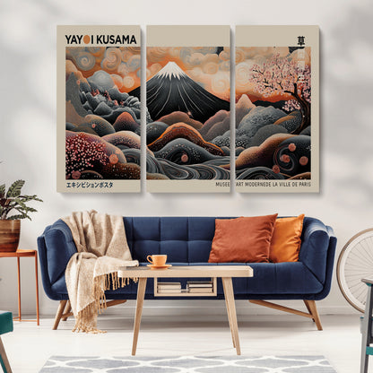 55739266-MGV-CV-36X24-Japanese Wall Art Print – Abstract Yayoi Kusama Inspired Dotted Landscape Poster, Surreal Oriental Mountain and Cherry Blossom