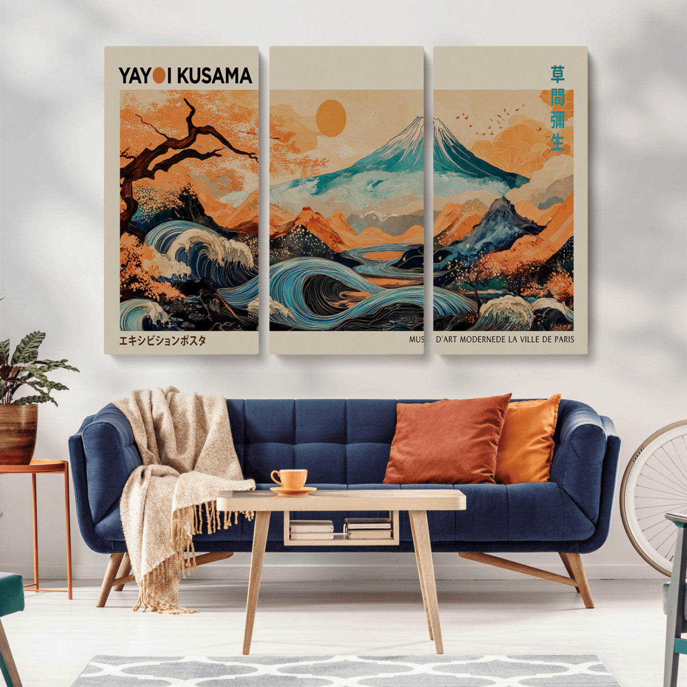 22373530-MGV-CV-36X24-Japanese Mt Fuji Wave Art Print – Ukiyo e Inspired Sun & Cherry Blossom Poster, Traditional Asian Landscape Painting, Modern