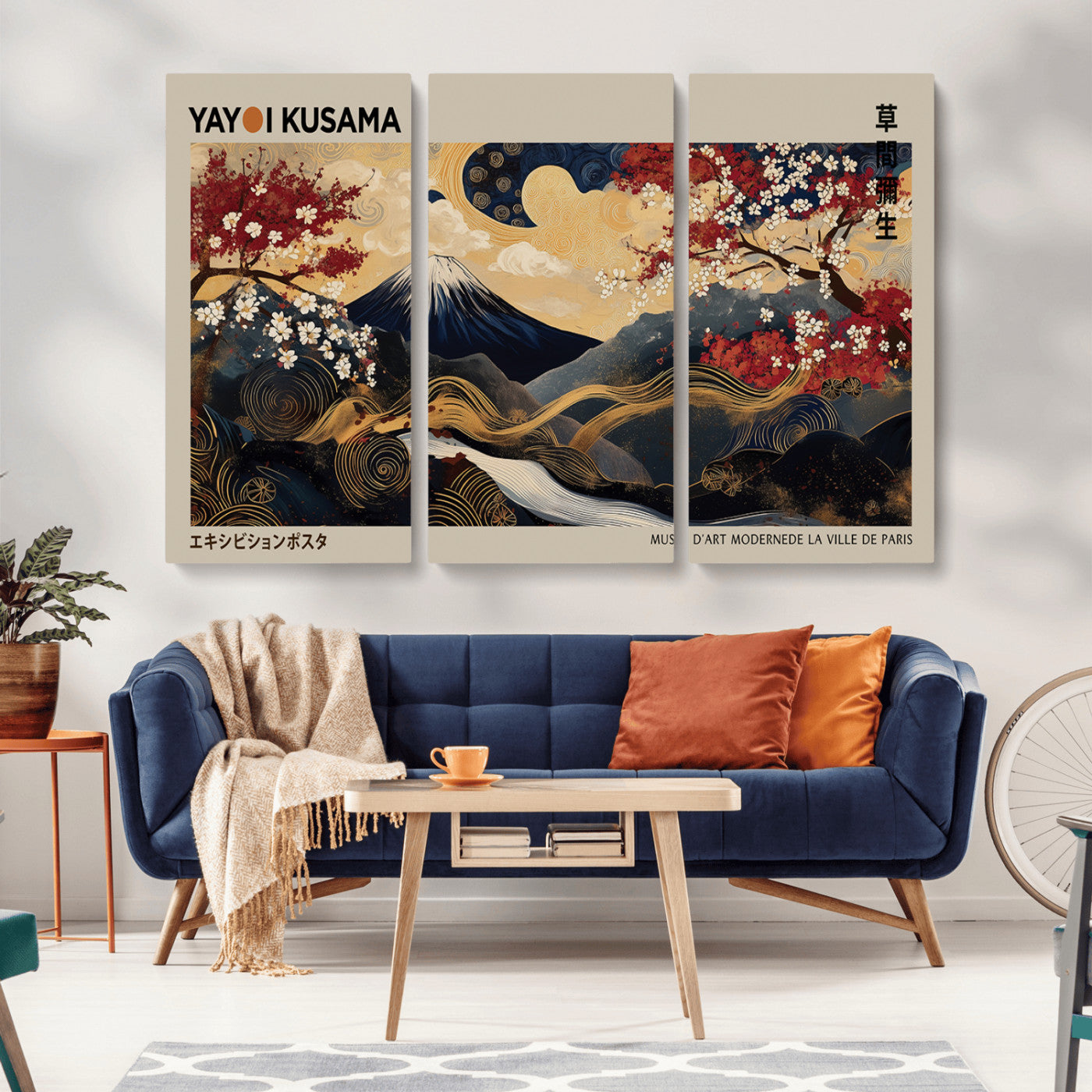 54967195-MGV-CV-36X24-Mount Fuji Wall Art – Japanese Cherry Blossom Abstract Canvas Print, Navy Gold Landscape Painting, Oriental Luxury Home Decor