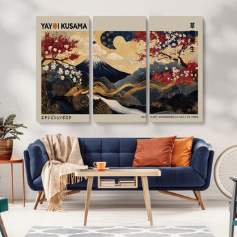 54967195-MGV-CV-36X24-Mount Fuji Wall Art – Japanese Cherry Blossom Abstract Canvas Print, Navy Gold Landscape Painting, Oriental Luxury Home Decor