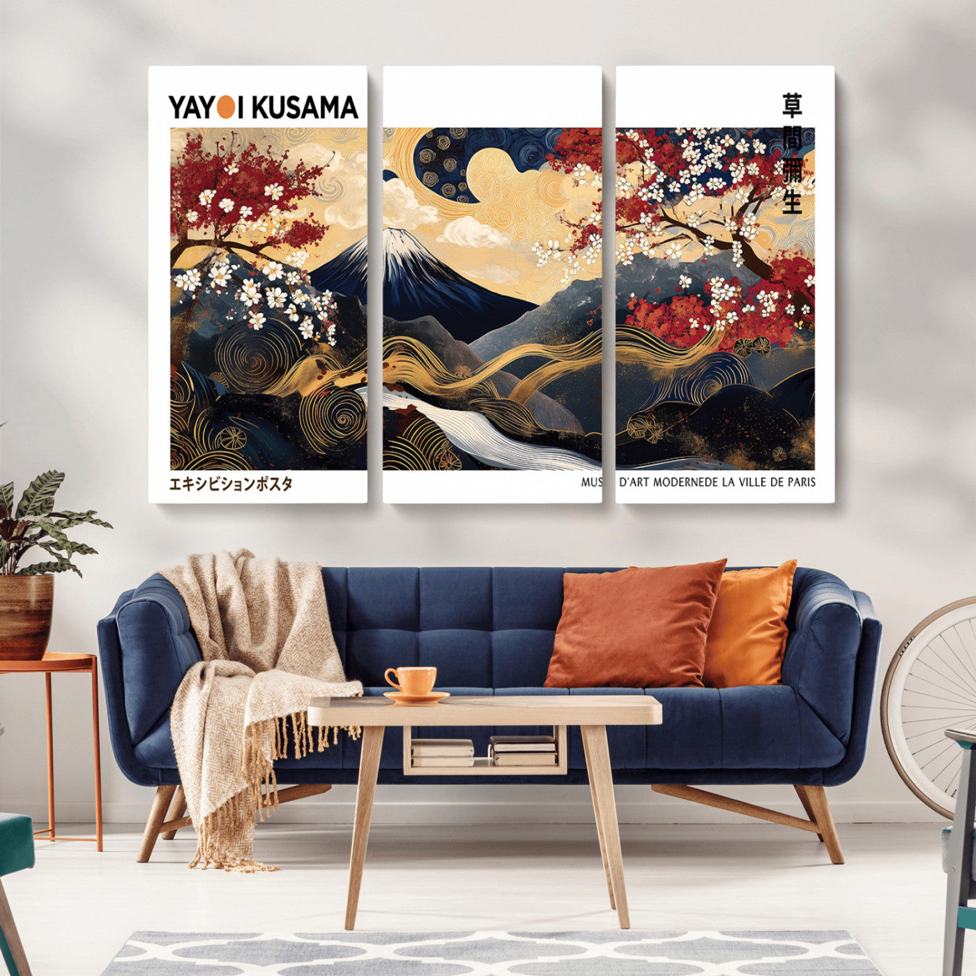 66243961-MGV-CV-48X32-3P-Mount Fuji Japanese Wall Art – Golden Abstract Landscape Canvas Print, Cherry Blossom Painting, Modern Oriental Zen Home Decor